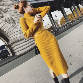 Women Long Sleeve Split Hem Sweater Dress