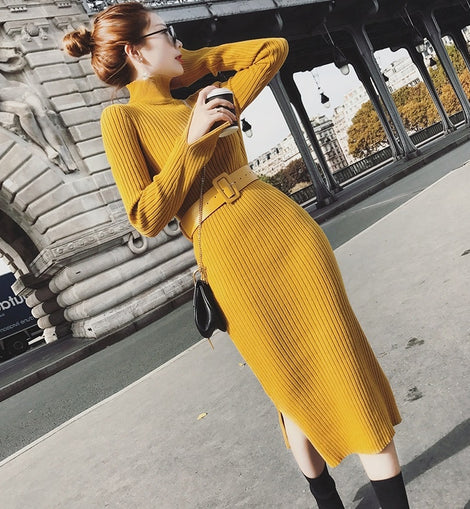 Women Long Sleeve Split Hem Sweater Dress