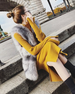Women Long Sleeve Split Hem Sweater Dress